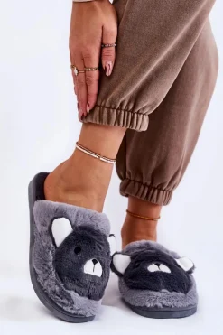 Boto Kapcie Klasyczne*Damskie Futrzane Papcie Z Misiem Szare Solly