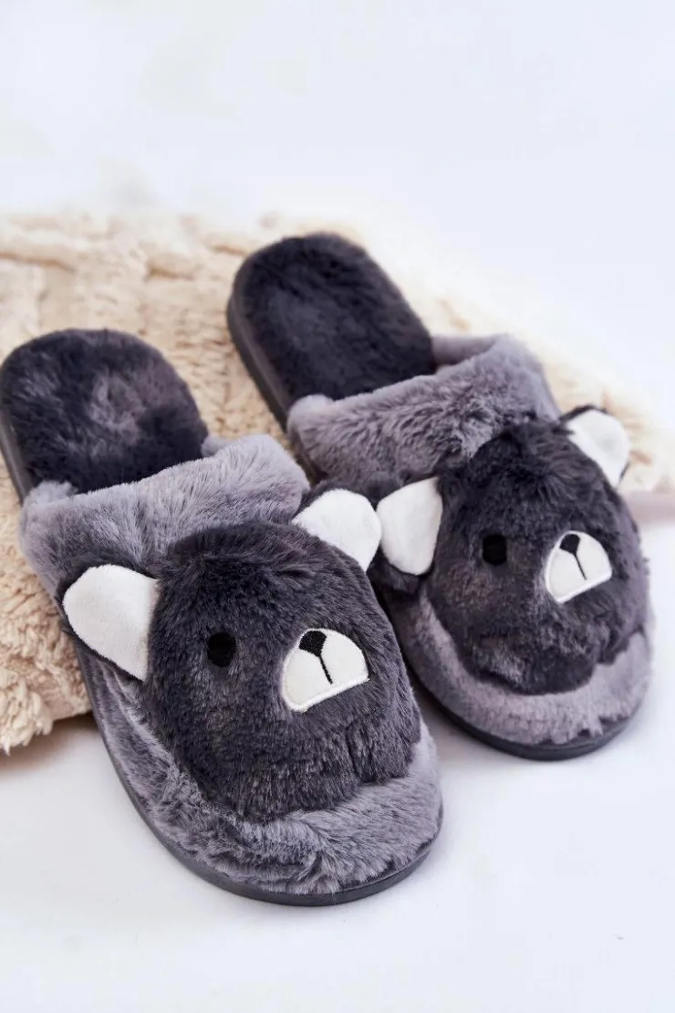 Boto Kapcie Klasyczne*Damskie Futrzane Papcie Z Misiem Szare Solly