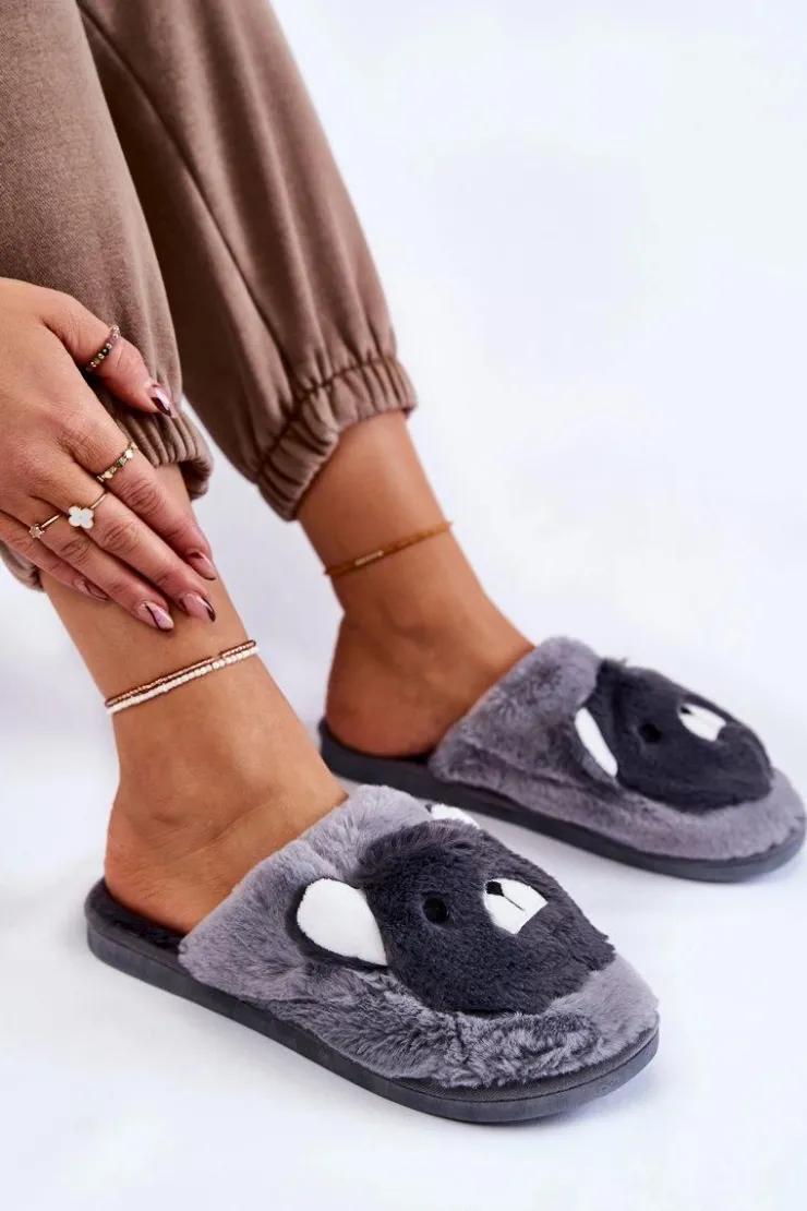 Boto Kapcie Klasyczne*Damskie Futrzane Papcie Z Misiem Szare Solly