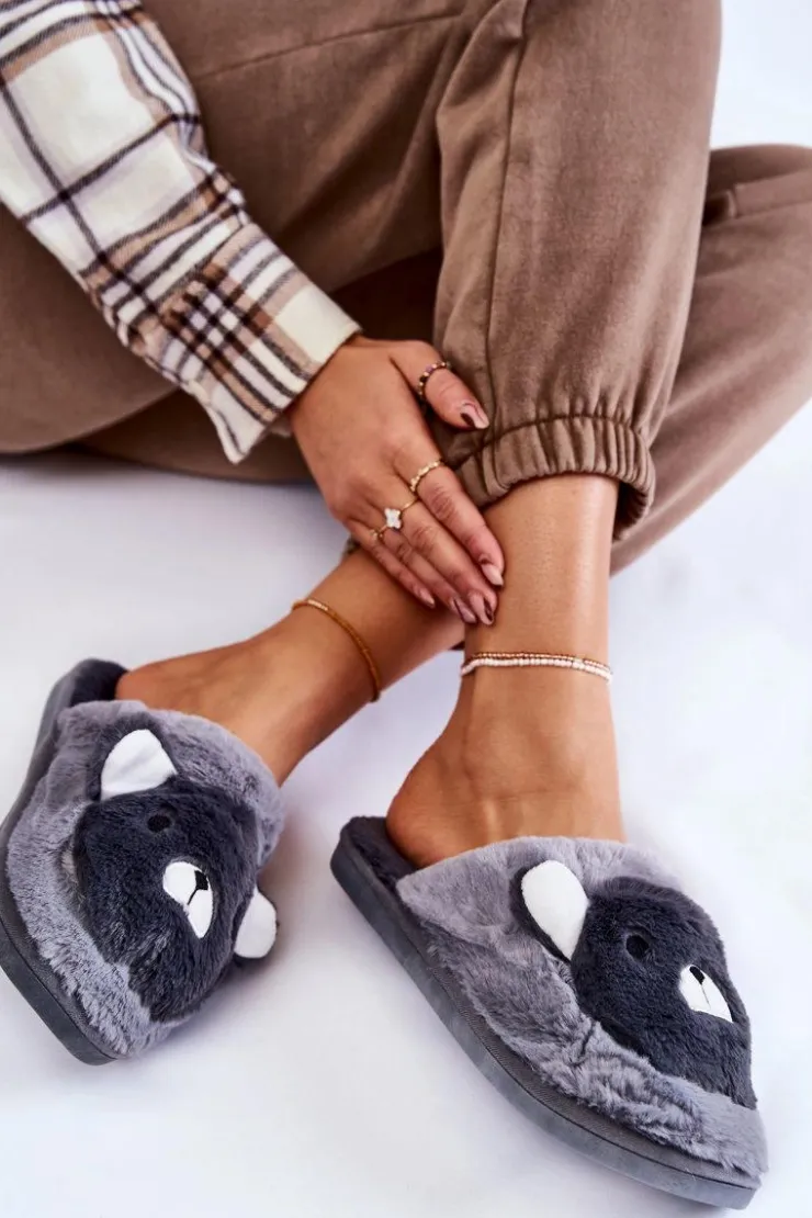 Boto Kapcie Klasyczne*Damskie Futrzane Papcie Z Misiem Szare Solly