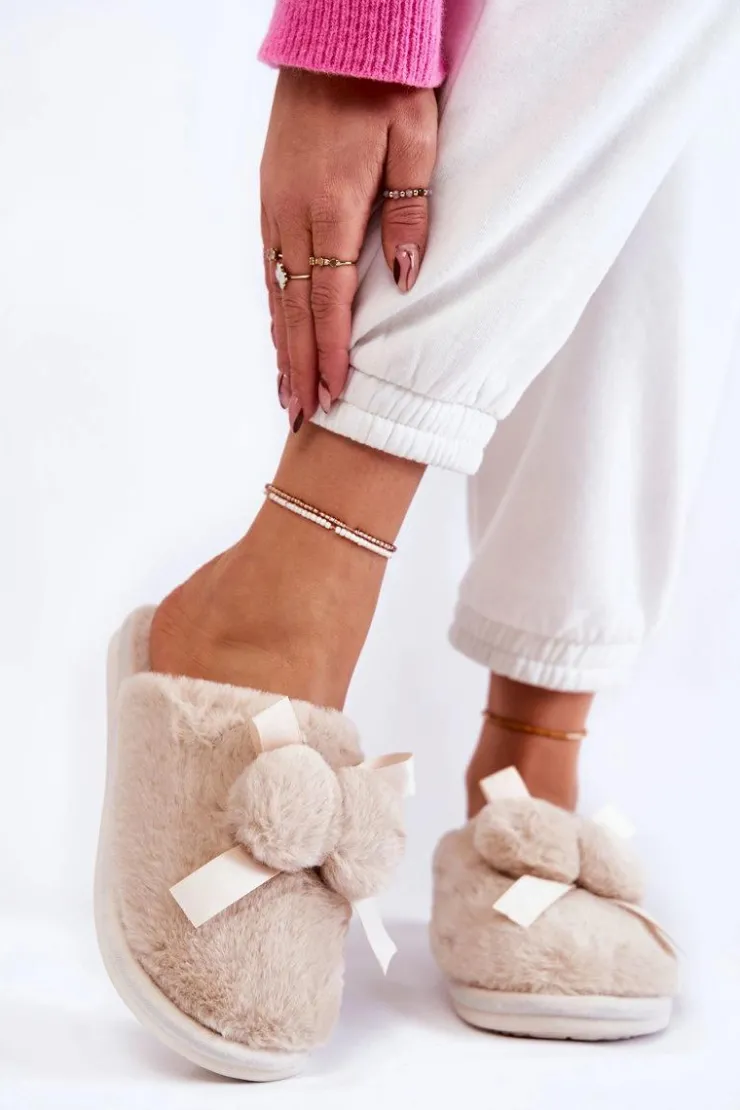 Online Boto Damskie Futrzane Papcie Z Pomponami Beżowe Castello