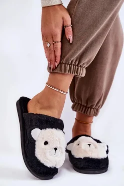 Boto Kapcie Klasyczne*Damskie Futrzane Papcie Z Misiem Czarne Solly