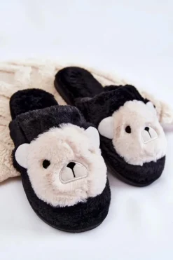 Boto Kapcie Klasyczne*Damskie Futrzane Papcie Z Misiem Czarne Solly