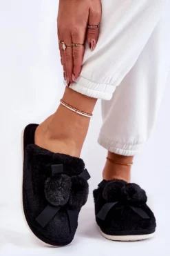 Damskie Boto Damskie Futrzane Papcie Z Pomponami Czarne Castello