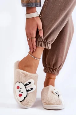 Boto Kapcie Klasyczne*Damskie Futrzane Papcie Z Królikiem Beżowe Trisha