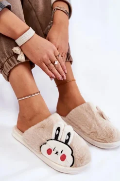 Boto Kapcie Klasyczne*Damskie Futrzane Papcie Z Królikiem Beżowe Trisha