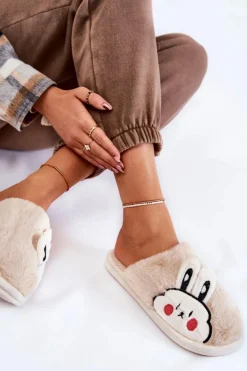 Boto Kapcie Klasyczne*Damskie Futrzane Papcie Z Królikiem Beżowe Trisha