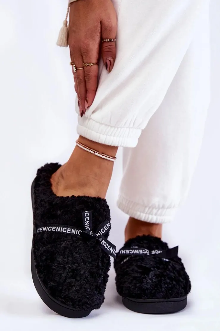 Sale Boto Damskie Futrzane Papcie Z Kokardką Czarne Ryana