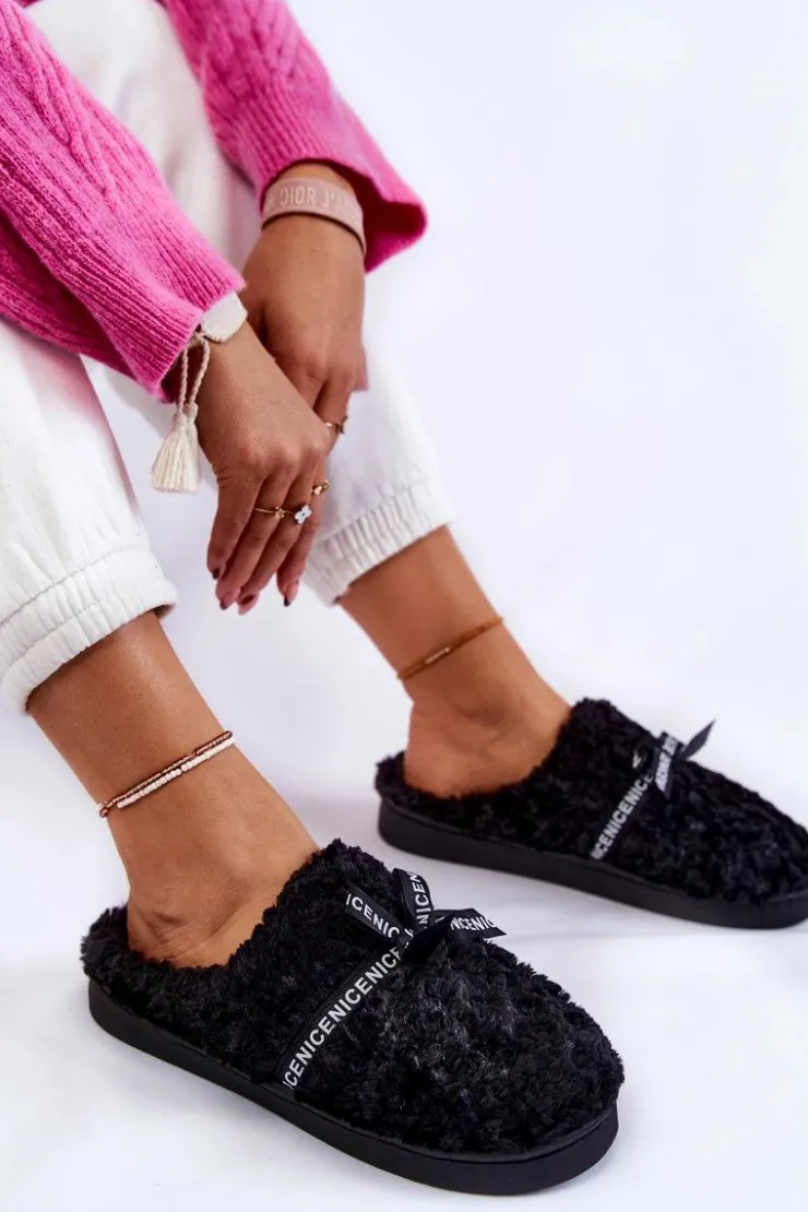 Sale Boto Damskie Futrzane Papcie Z Kokardką Czarne Ryana