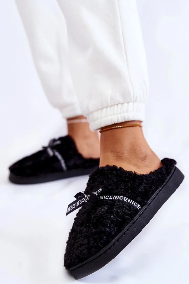 Sale Boto Damskie Futrzane Papcie Z Kokardką Czarne Ryana