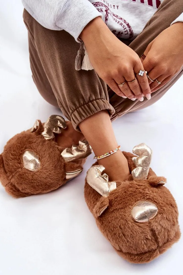 Discount Boto Damskie Futrzane Wsuwane Papcie Renifery Brązowe Comet