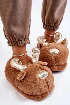 Discount Boto Damskie Futrzane Wsuwane Papcie Renifery Brązowe Comet