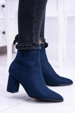 Damskie Boto Damskie Granatowe Botki Na Słupku w Szpic Amaltea