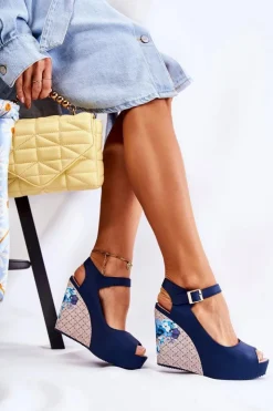 Clearance Boto Damskie Granatowe Sandały Na Koturnie Nemesis