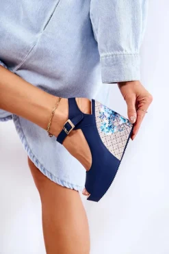 Clearance Boto Damskie Granatowe Sandały Na Koturnie Nemesis