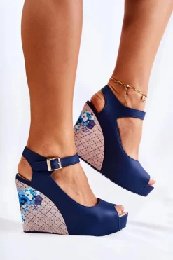 Clearance Boto Damskie Granatowe Sandały Na Koturnie Nemesis
