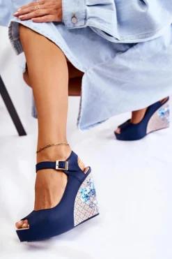 Clearance Boto Damskie Granatowe Sandały Na Koturnie Nemesis