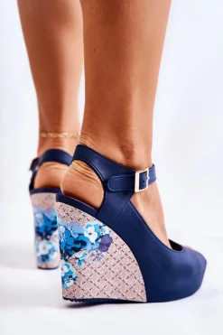 Clearance Boto Damskie Granatowe Sandały Na Koturnie Nemesis