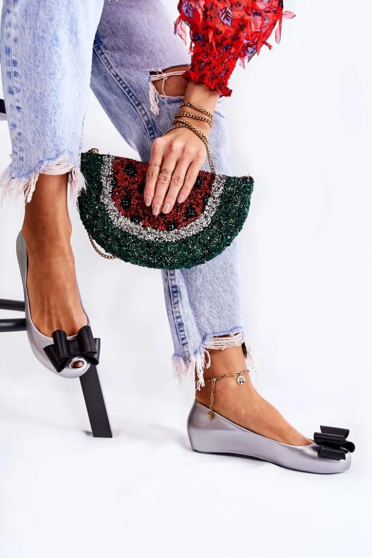 New Boto Damskie Gumowe Baleriny Z Kokardą Srebrne Florret