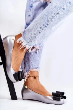 New Boto Damskie Gumowe Baleriny Z Kokardą Srebrne Florret