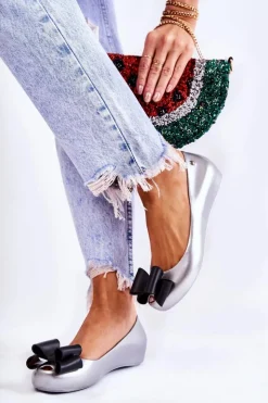 New Boto Damskie Gumowe Baleriny Z Kokardą Srebrne Florret