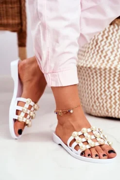 Damskie Boto Damskie Gumowe Klapki Białe Perełki Estelle