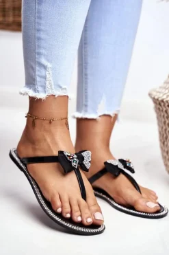 Best Boto Damskie Gumowe Klapki Czarne Japonki Cyrkonie Lissy