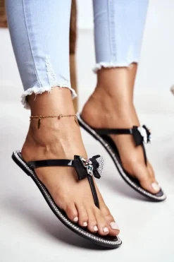 Best Boto Damskie Gumowe Klapki Czarne Japonki Cyrkonie Lissy