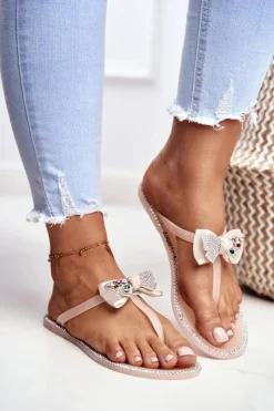 Boto Klapki Damskie Japonki*Damskie Gumowe Klapki Różowe Nude Japonki Cyrkonie Lissy