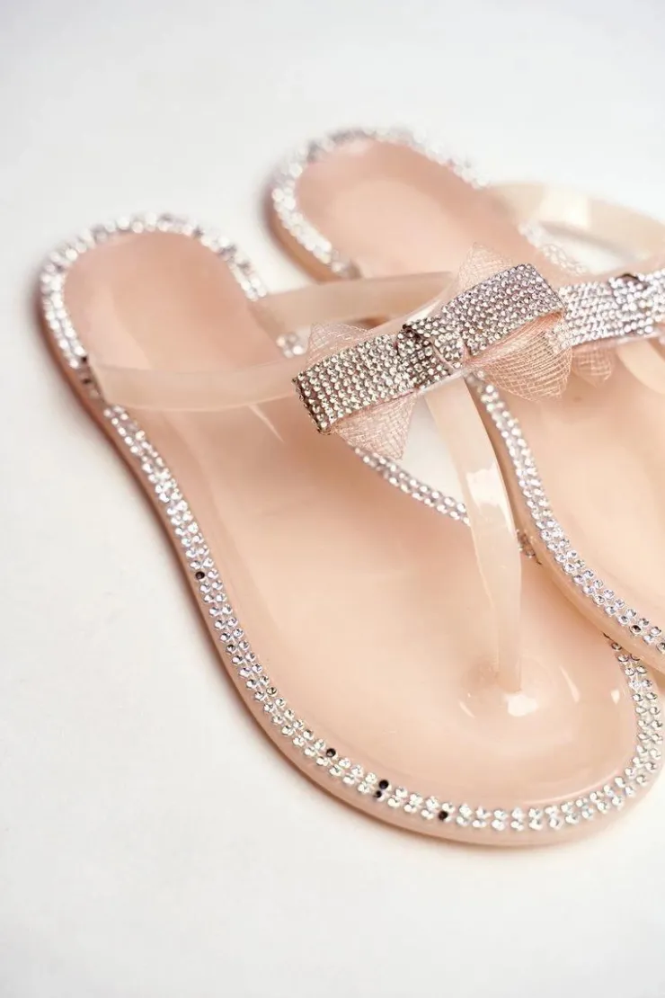 Boto Klapki Damskie Japonki*Damskie Gumowe Klapki Różowe Nude Japonki Cyrkonie Lou