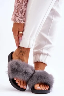 New Boto Damskie Gumowe Klapki Z Futerkiem Szare Lucrece