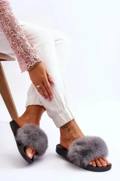 New Boto Damskie Gumowe Klapki Z Futerkiem Szare Lucrece