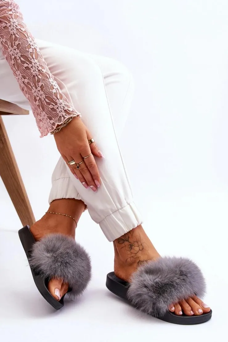 New Boto Damskie Gumowe Klapki Z Futerkiem Szare Lucrece