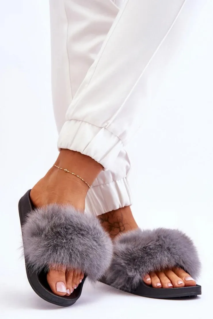 New Boto Damskie Gumowe Klapki Z Futerkiem Szare Lucrece