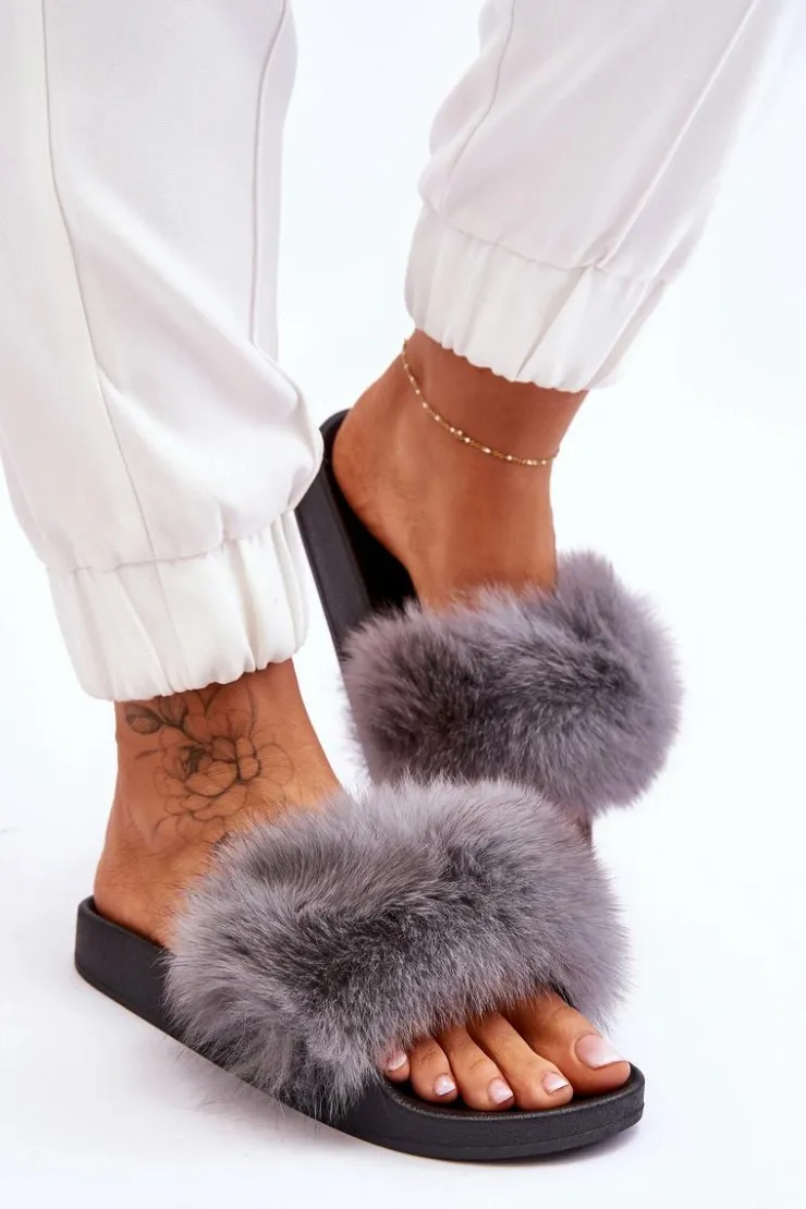 New Boto Damskie Gumowe Klapki Z Futerkiem Szare Lucrece