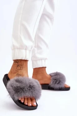 New Boto Damskie Gumowe Klapki Z Futerkiem Szare Lucrece