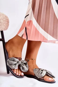 Boto Klapki Damskie Klasyczne*Damskie Gumowe Klapki Z Kokardą Czarno-Szare Meriden Czarny