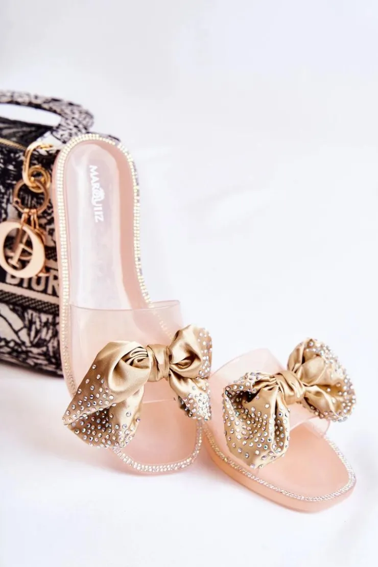 Outlet Boto Damskie Gumowe Klapki Z Kokardą Różowo-Złote Meriden