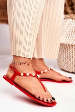 Boto Sandały Gumowe|Sandały Płaskie*Damskie Gumowe Sandałki Czerwone Japonki Perełki Denise