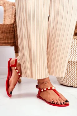 Boto Sandały Gumowe|Sandały Płaskie*Damskie Gumowe Sandałki Czerwone Japonki Perełki Denise