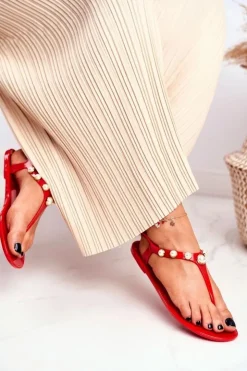 Boto Sandały Gumowe|Sandały Płaskie*Damskie Gumowe Sandałki Czerwone Japonki Perełki Denise