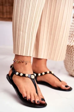 Clearance Boto Damskie Gumowe Sandałki Czarne Japonki Perełki Denise