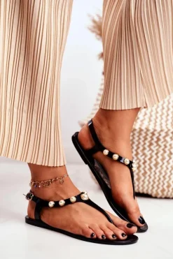 Clearance Boto Damskie Gumowe Sandałki Czarne Japonki Perełki Denise