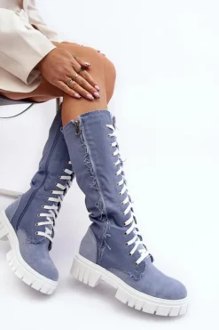Boto Kozaki Wiosenne|Kozaki Płaskie*Damskie Jeansowe Ocieplane Kozaki Ze Sznurowaniem Niebieskie Cresanta