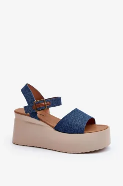 Boto Sandały Na Koturnie*Damskie Jeansowe Sandały Na Koturnie Niebieskie Geferia