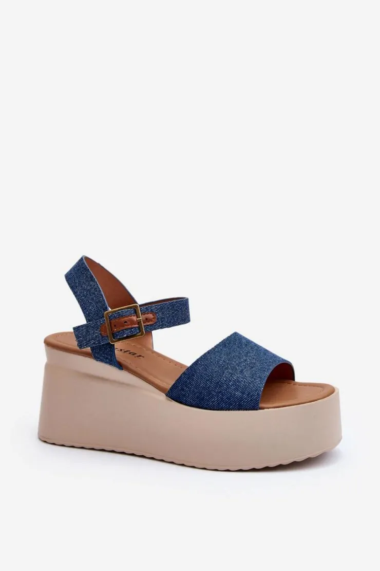 Boto Sandały Na Koturnie*Damskie Jeansowe Sandały Na Koturnie Niebieskie Geferia