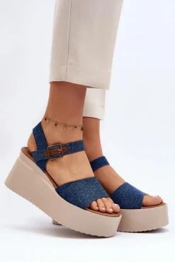 Boto Sandały Na Koturnie*Damskie Jeansowe Sandały Na Koturnie Niebieskie Geferia