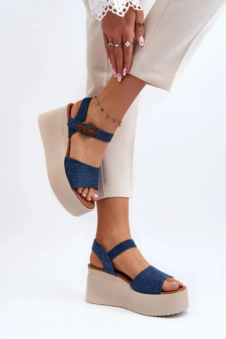 Boto Sandały Na Koturnie*Damskie Jeansowe Sandały Na Koturnie Niebieskie Geferia