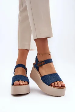 Boto Sandały Na Koturnie*Damskie Jeansowe Sandały Na Koturnie Niebieskie Geferia
