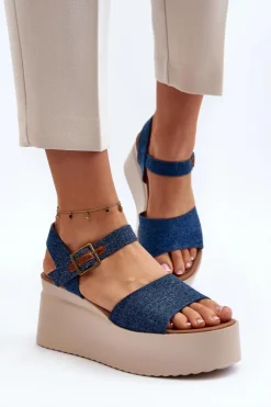 Boto Sandały Na Koturnie*Damskie Jeansowe Sandały Na Koturnie Niebieskie Geferia